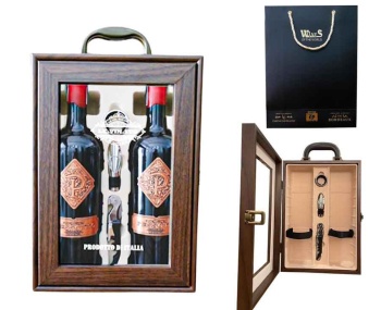 Hộp kính 2 chai rượu vang Ý Pessotto 16% + phụ kiện + túi