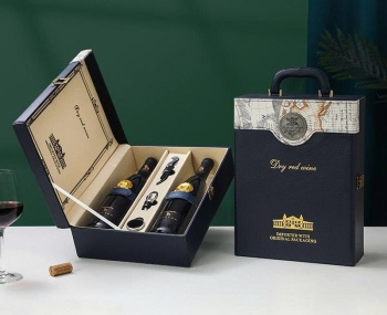 Hộp đựng rượu Vang bản đồ  bằng Da  loại 2 chai xanh Navy