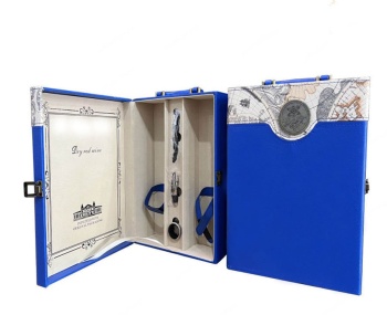 Hộp đựng rượu Vang bản đồ bằng Da loại 2 chai màu Xanh dương