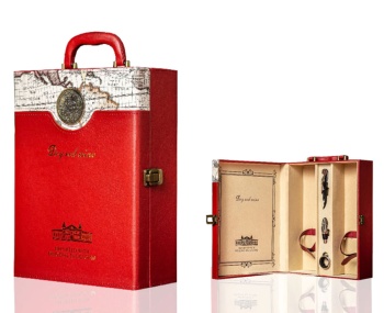 Hộp đựng rượu Vang bản đồ bằng Da loại 2 chai màu Đỏ