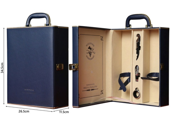 Hộp đựng Rượu Vang bằng Da loại 2 chai ( màu xanh navy viền vàng)