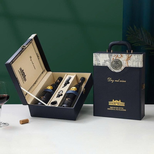 Hộp đựng rượu Vang bản đồ  bằng Da  loại 2 chai xanh Navy