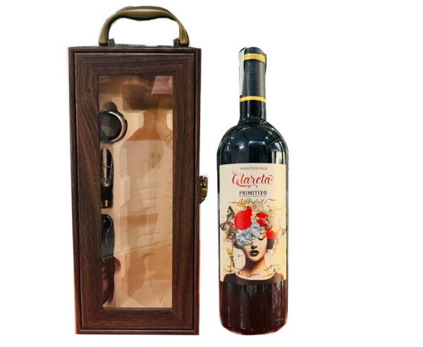 Set quà tặng Hộp Gỗ Đơn mặt kính Vang Ý CLARETA