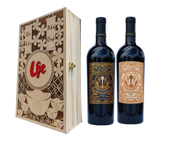 Set Quà Tặng Hộp Gỗ 2 Chai Vang  Ý Tolucci