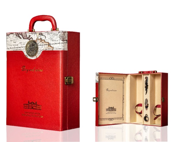 Hộp đựng rượu Vang bản đồ bằng Da loại 2 chai màu Đỏ